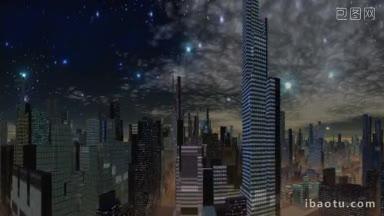 组成了一个奇妙的城市天际线的夜晚灯光闪烁在繁星点点的<strong>夜空</strong>中快速飞行发光的物体UFO